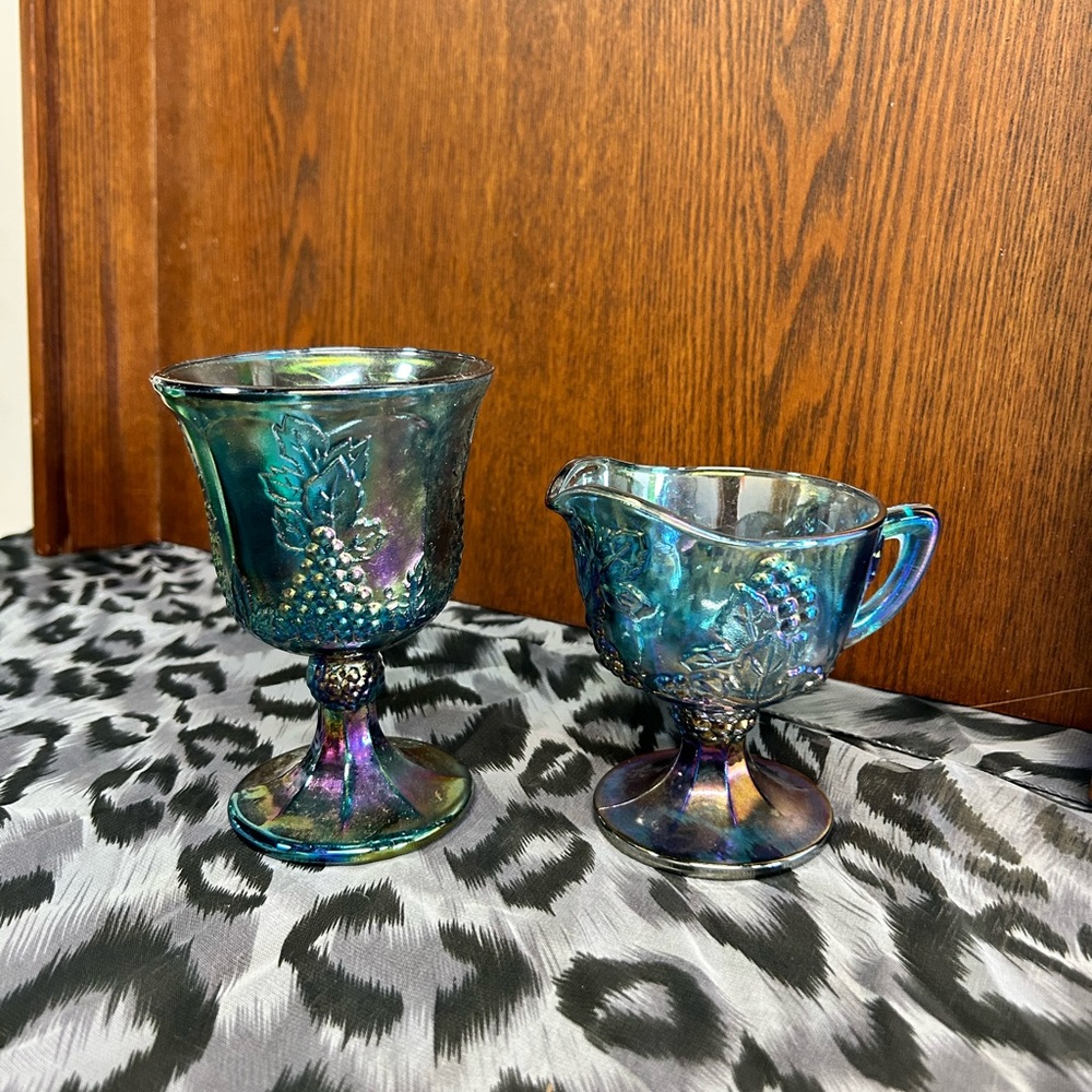 Carnival Glass Iridescent  Goblet and Creamer Set